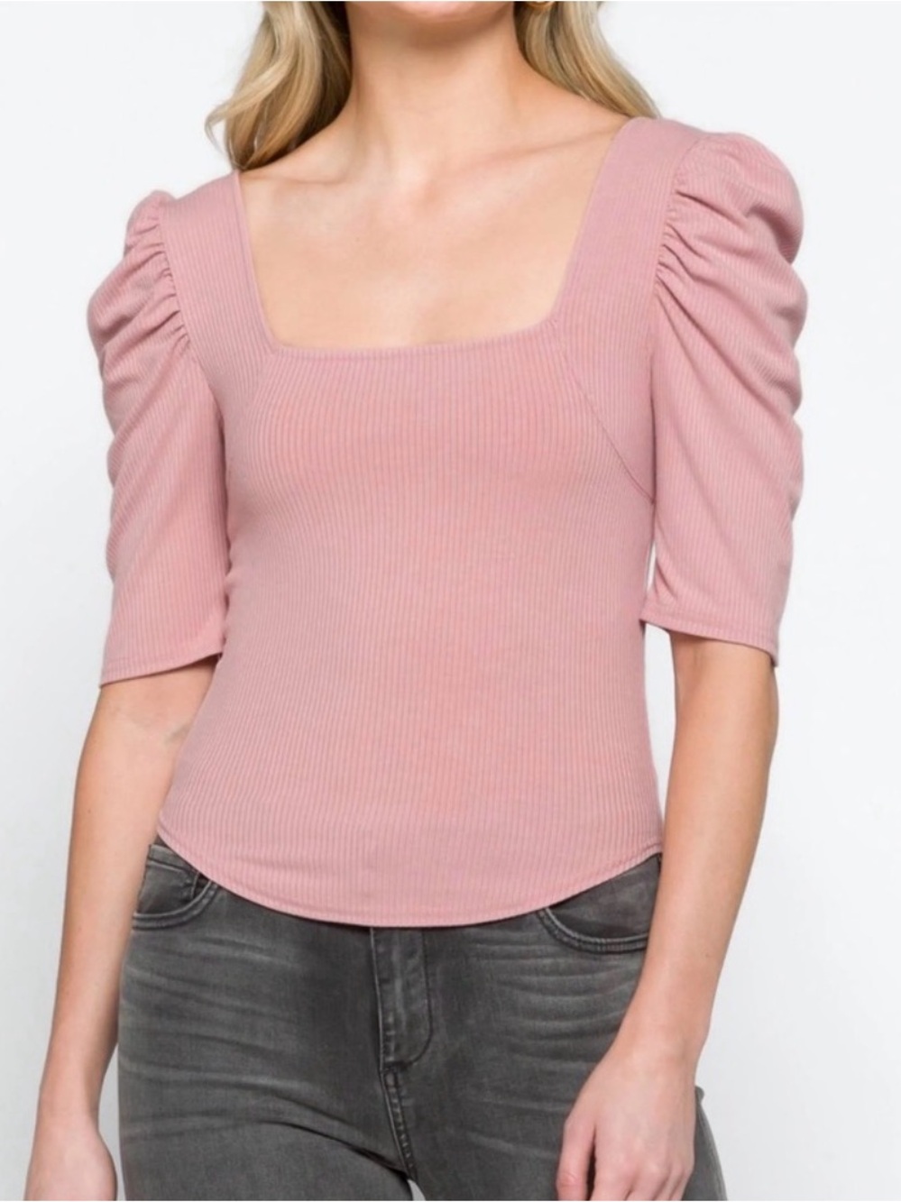 FREE PEOPLE Night Lily Ribbed Puff Sleeve Top - Pale Mauve - Size Small - NWT
